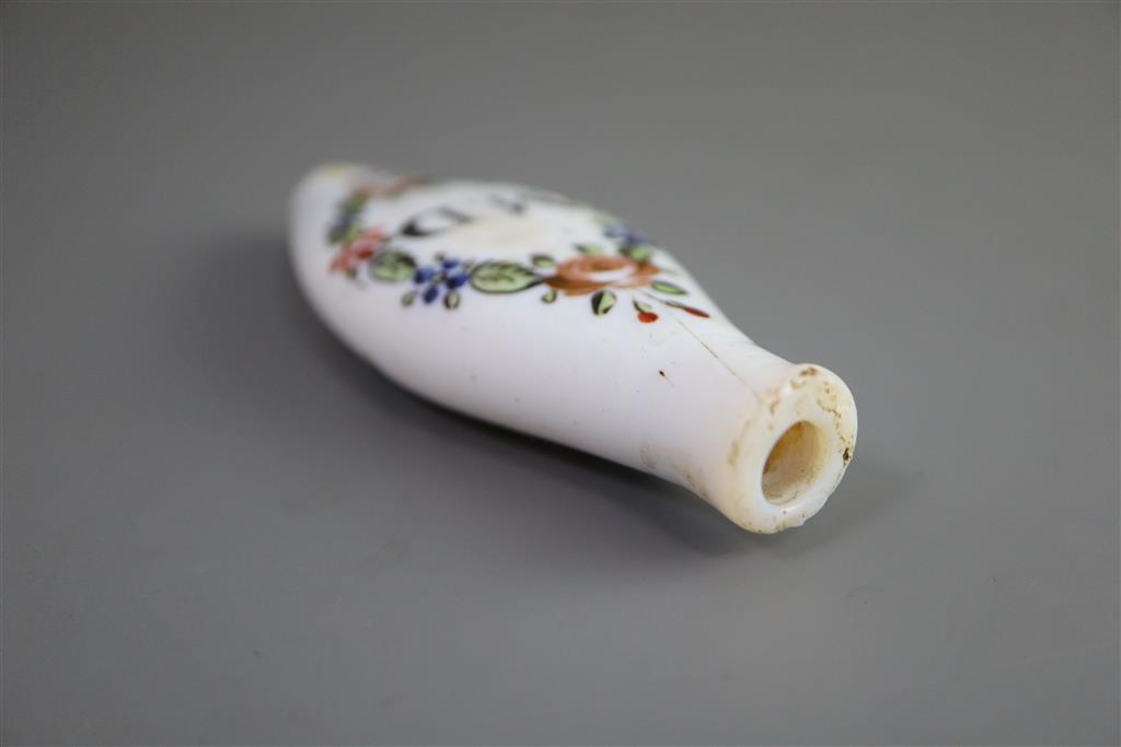 A George III enamelled white glass scent bottle, late 18th century, 8.9cm long